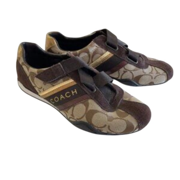 COACH Authentic "Jenney" Brown and Gold Sneakers with Velcro Closure - Picture 7 of 16